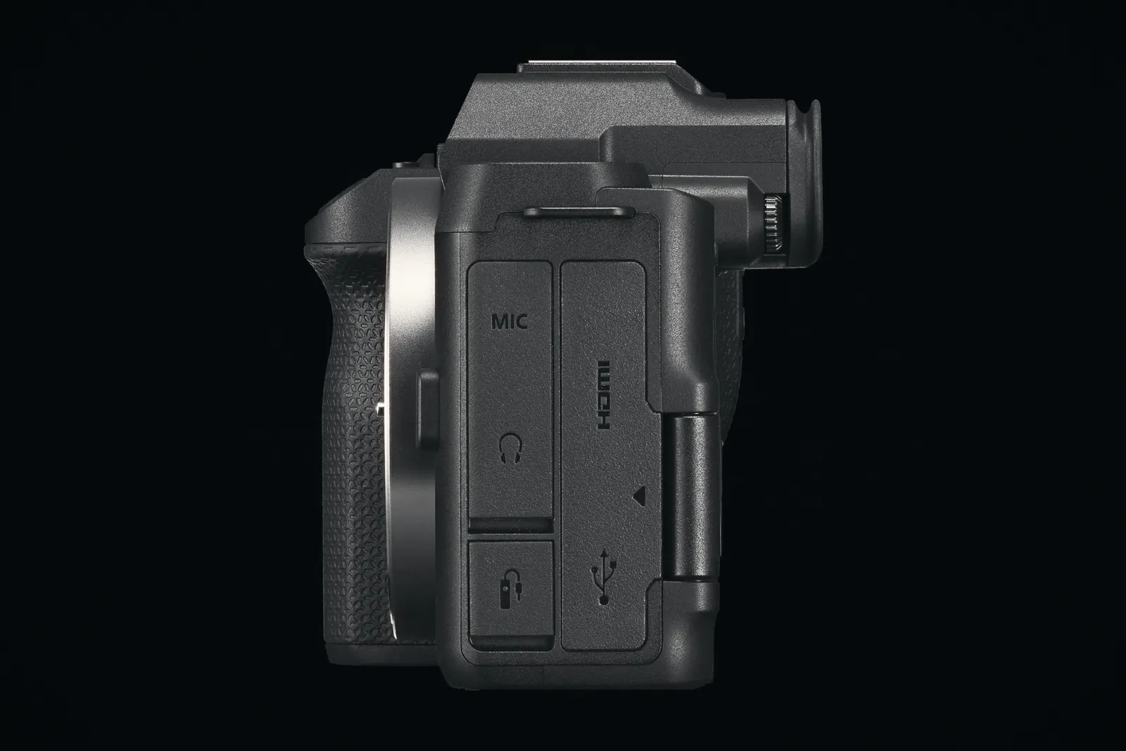 Side view of the Canon EOS R8 Mark II showing the microphone, headphone, micro HDMI and USB-C port covers next to the RF mount