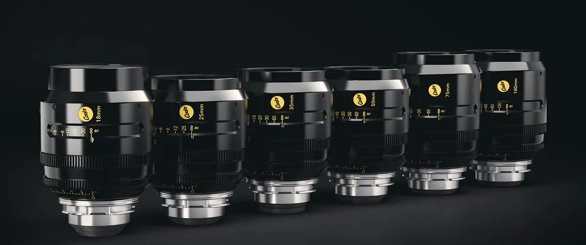 The six Cooke S4 FF/i primes, 18mm to 100mm, lined up on a black background with their gold Cooke badges and PL mounts