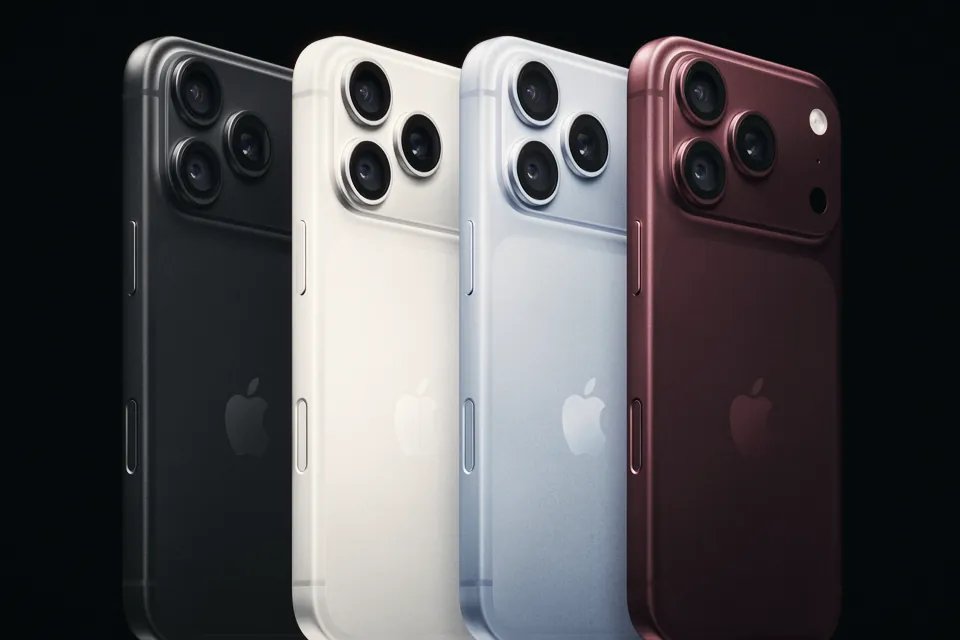 Four iPhone 18 Pro phones seen from the back in black, silver, glacier blue and burgundy, showing the triple camera module, on a black background