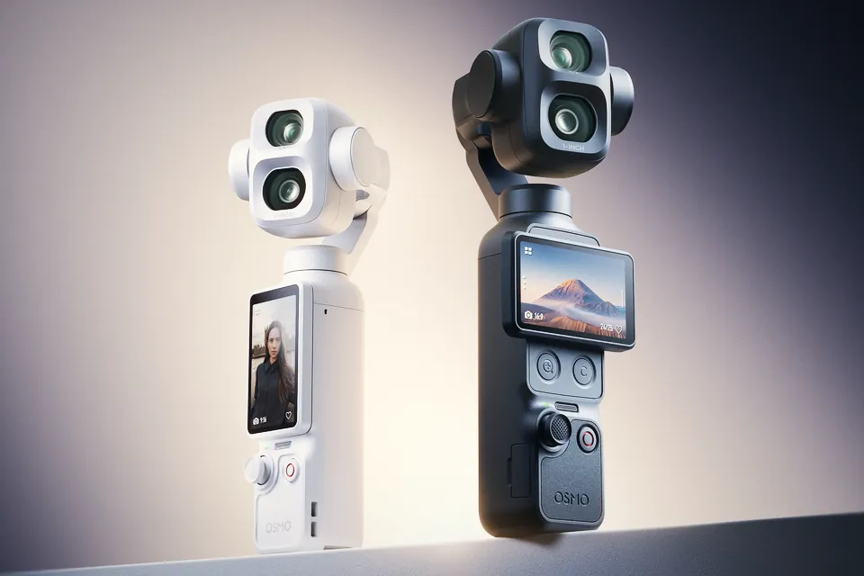 The DJI Osmo Pocket 4P in Pearl White next to the Classic Black model, standing on a ledge under a soft warm spotlight against a dark background