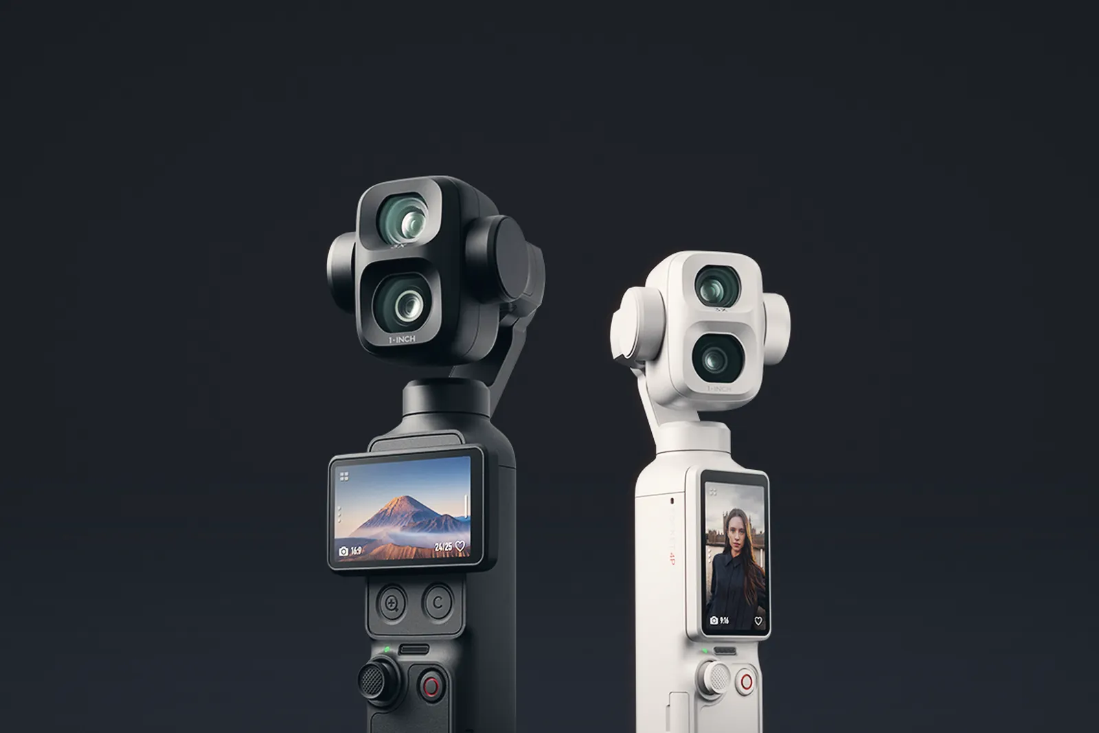 The DJI Osmo Pocket 4P in Classic Black and Pearl White standing side by side, both showing the dual-lens gimbal head and the front screen