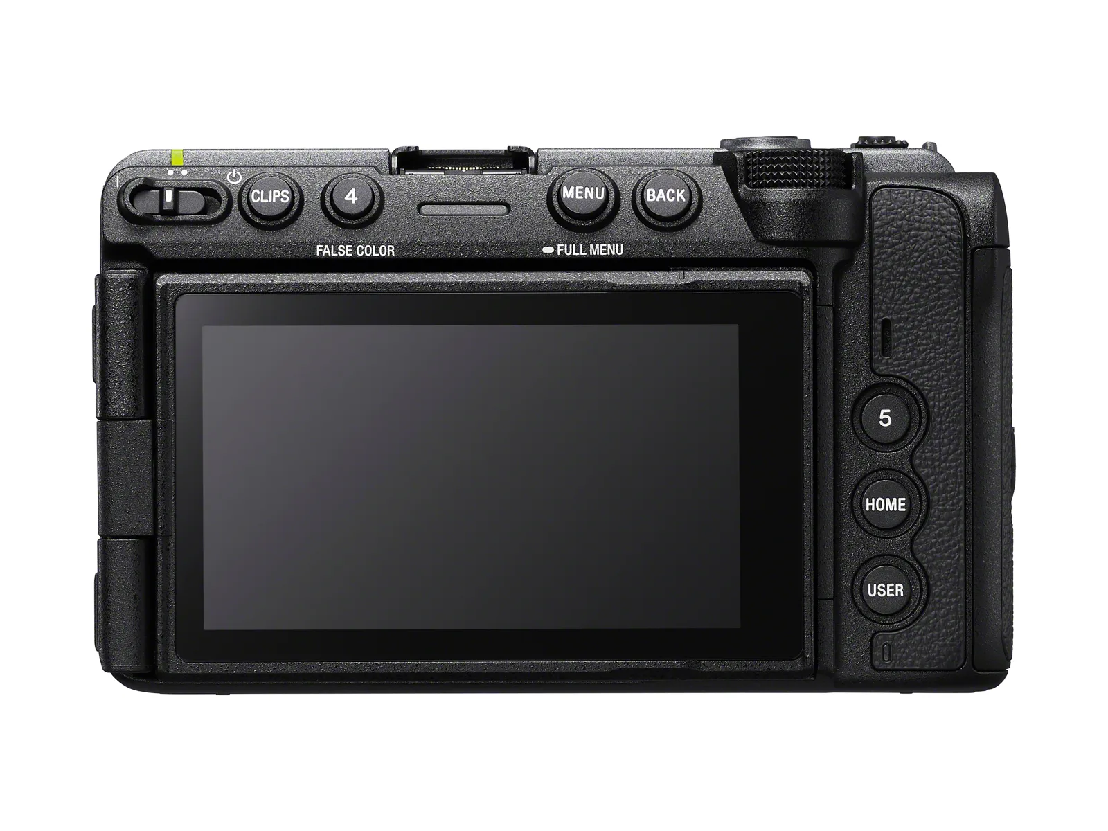 Rear view of the Sony FX5 with its 3.5-inch screen closed against the body, surrounded by the Clips, Menu, Back, Home and User buttons