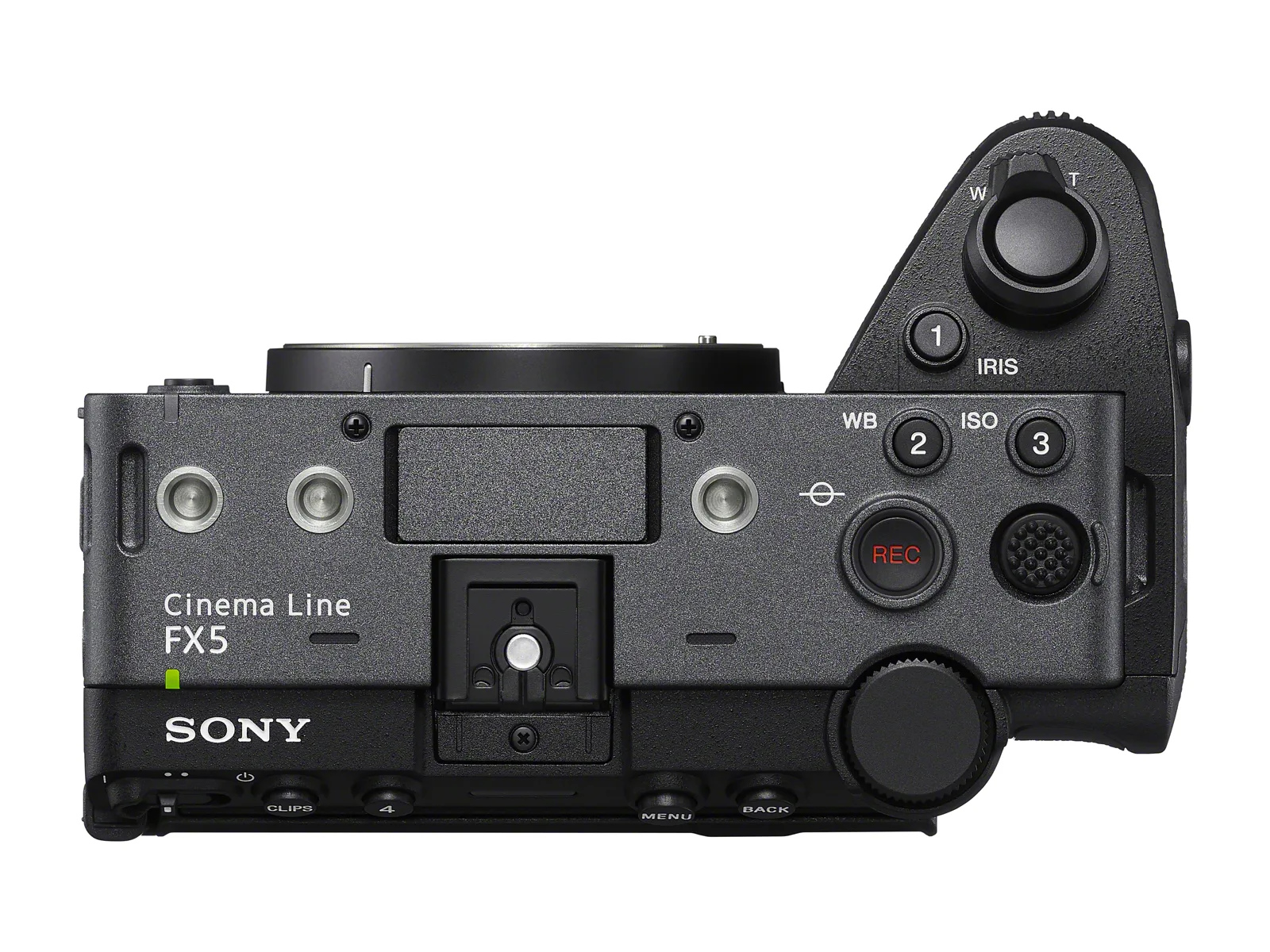 Top view of the Sony FX5 showing the flat top with accessory threads, the multi interface shoe, the red REC button, three numbered custom buttons and the zoom rocker